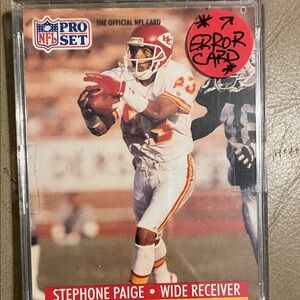 1991 NFL pro set Stephone Paige error card. Ink blob located in top right corner